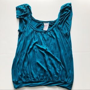 Teal ruffled and soft short sleeved shirt. Size M